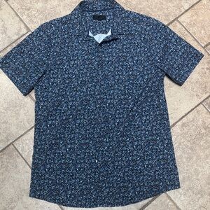 Magaschoni Navy Blue Short-Sleeve Button-Down with Micro Floral Print